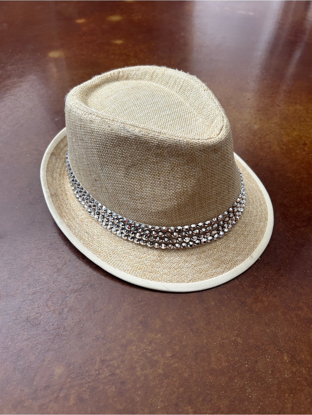 Beige Straw Fedora with Rhinestone Band